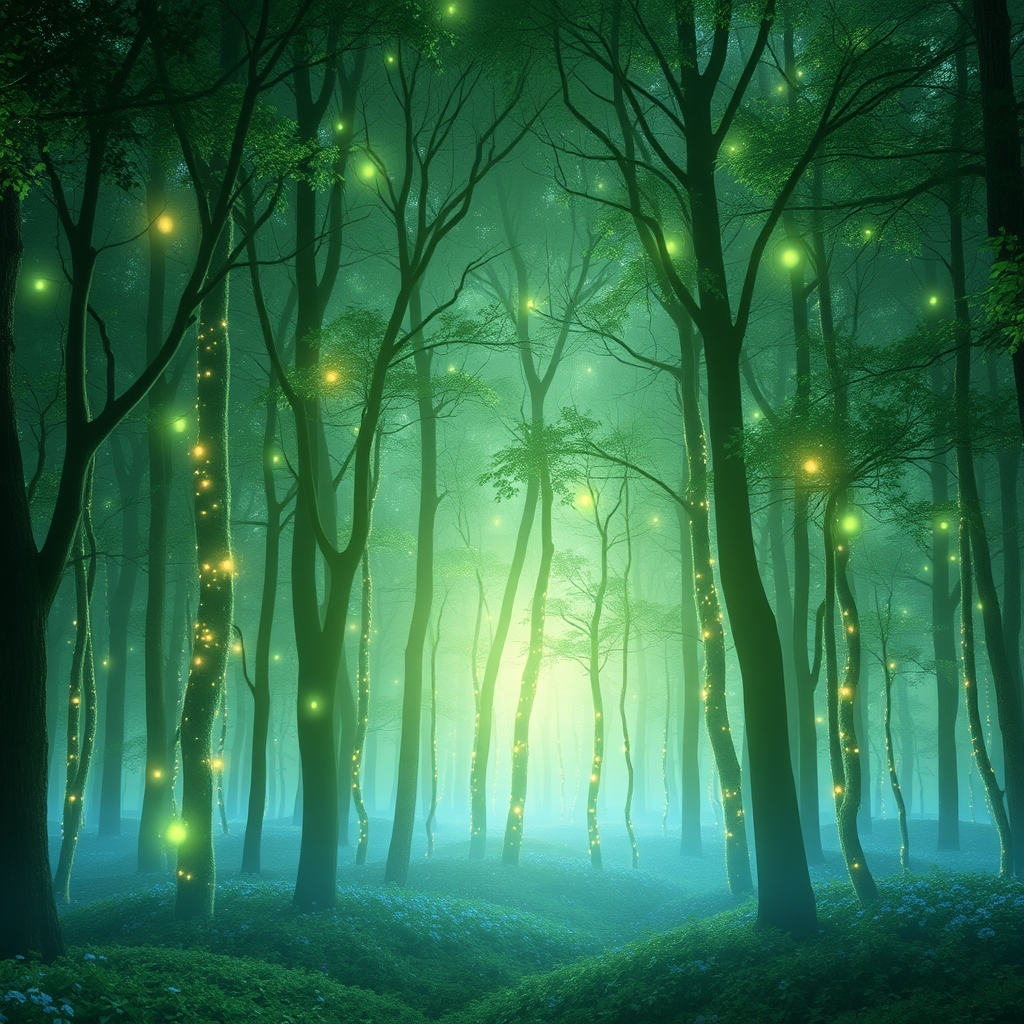 یک جنگل اسرارآمیز با درختانی از جنس نور، که با سایههای سبز و آبی به نرمی میدرخشند
16