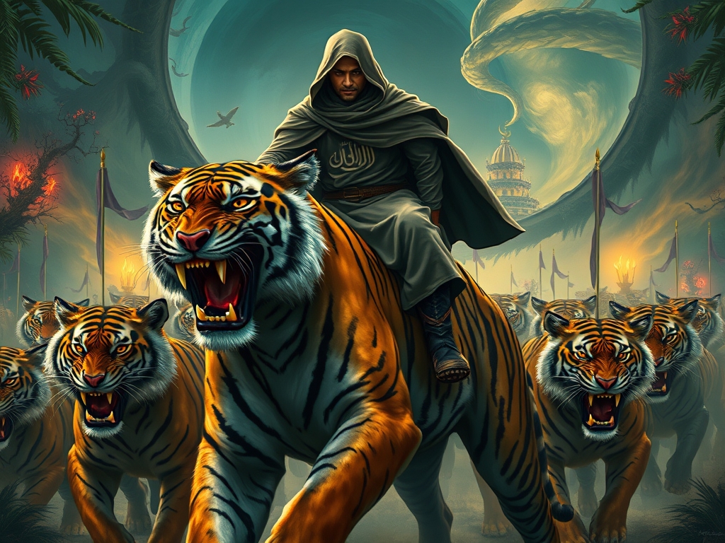 عکس یک ببر وحشی بادندان های تیز و خونی
و پشت او یک لشکر ببر باشد و یک مرد سوار او است و جلوی سی شرت او نوشته است Mohammad و صورت مرد سوار کار دیده نشود 1