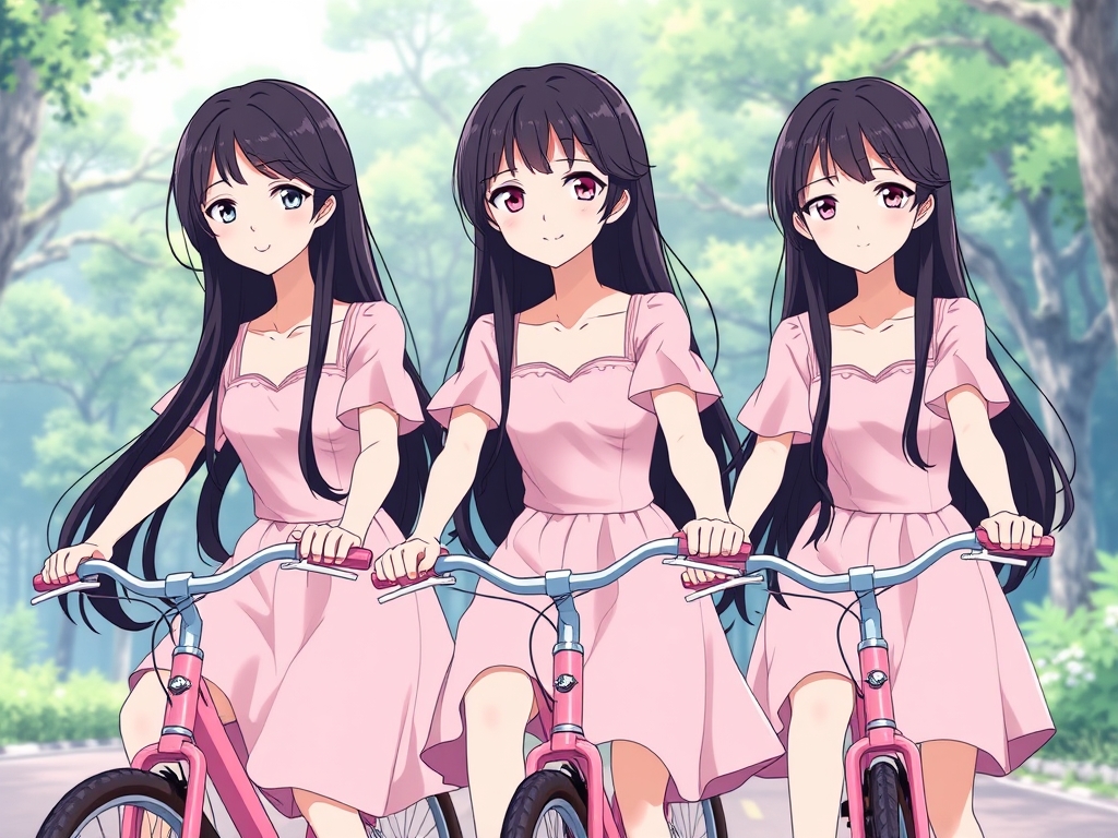 عکس سه تا دختر سه قلو و شبیه به هم که در حال دوچرخه سواری هستند و دوچرخه آنها صورتی است و هر سه تاشون مو های بلند و مشکی دارند و لب های سرخ و لبخندی ملایم دارد و لباس هر سه تاشون صورتی و دامن دار مانند پرنسس ها است و پشت سر آنها جنگلی زیبا است و چشم های هر سه تاشون صورتی است16