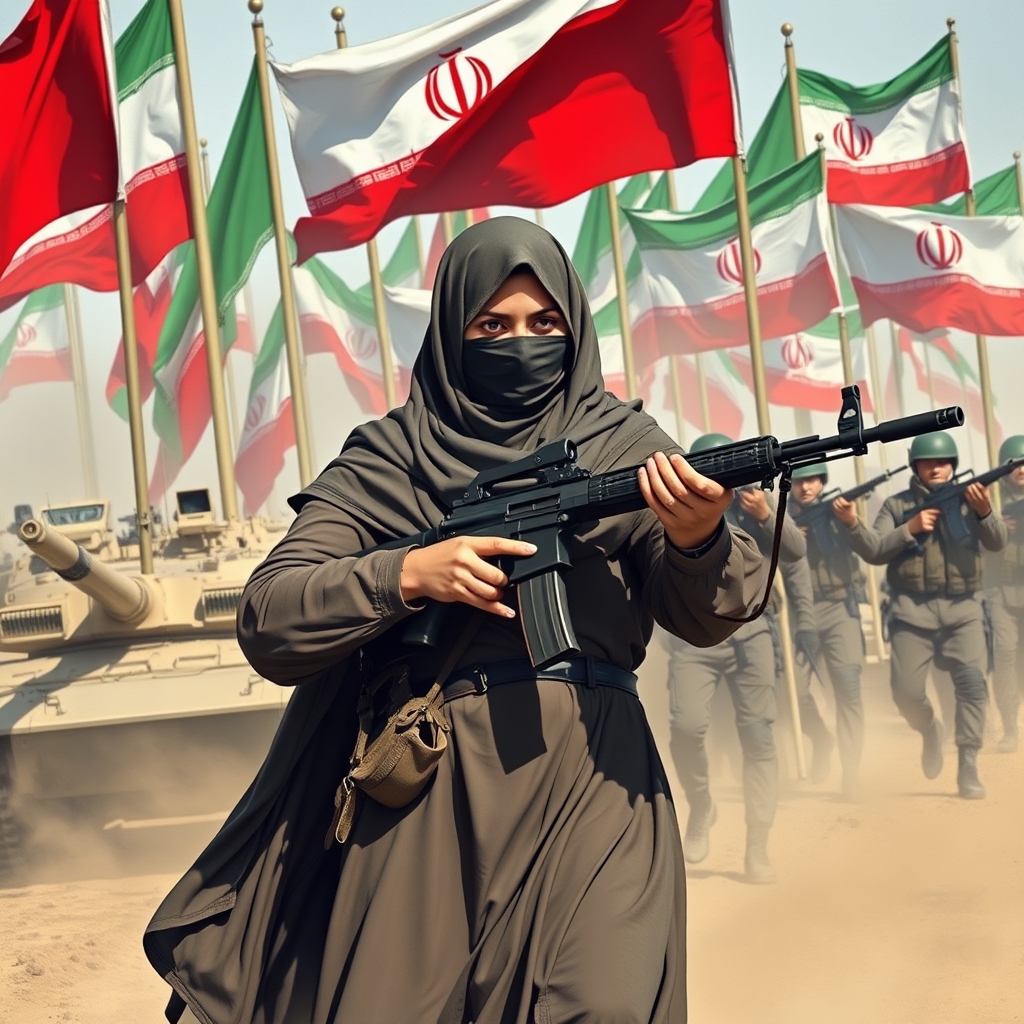  دختری چادری و محجبه تفنگ بدست در حال جنگیدن با ترامپ و نتانیاهو 
پشت دختر چند پرچم ایران و چند تانک ایرانی و سربازان تفنگ بدست که پشت دختر هستند و به او کمک می کنند1