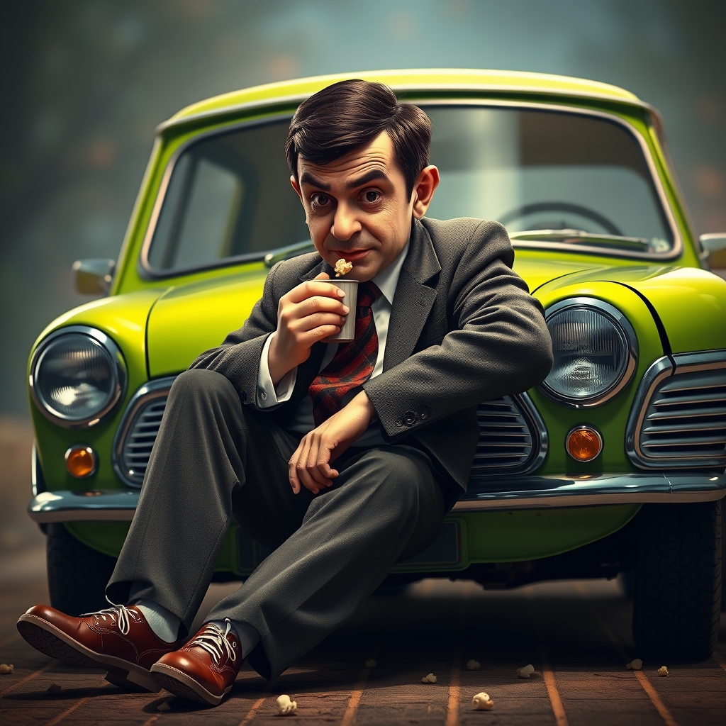  مستر بین در حال خوردن پفیلا که به ماشین سبزش تکه داده 1