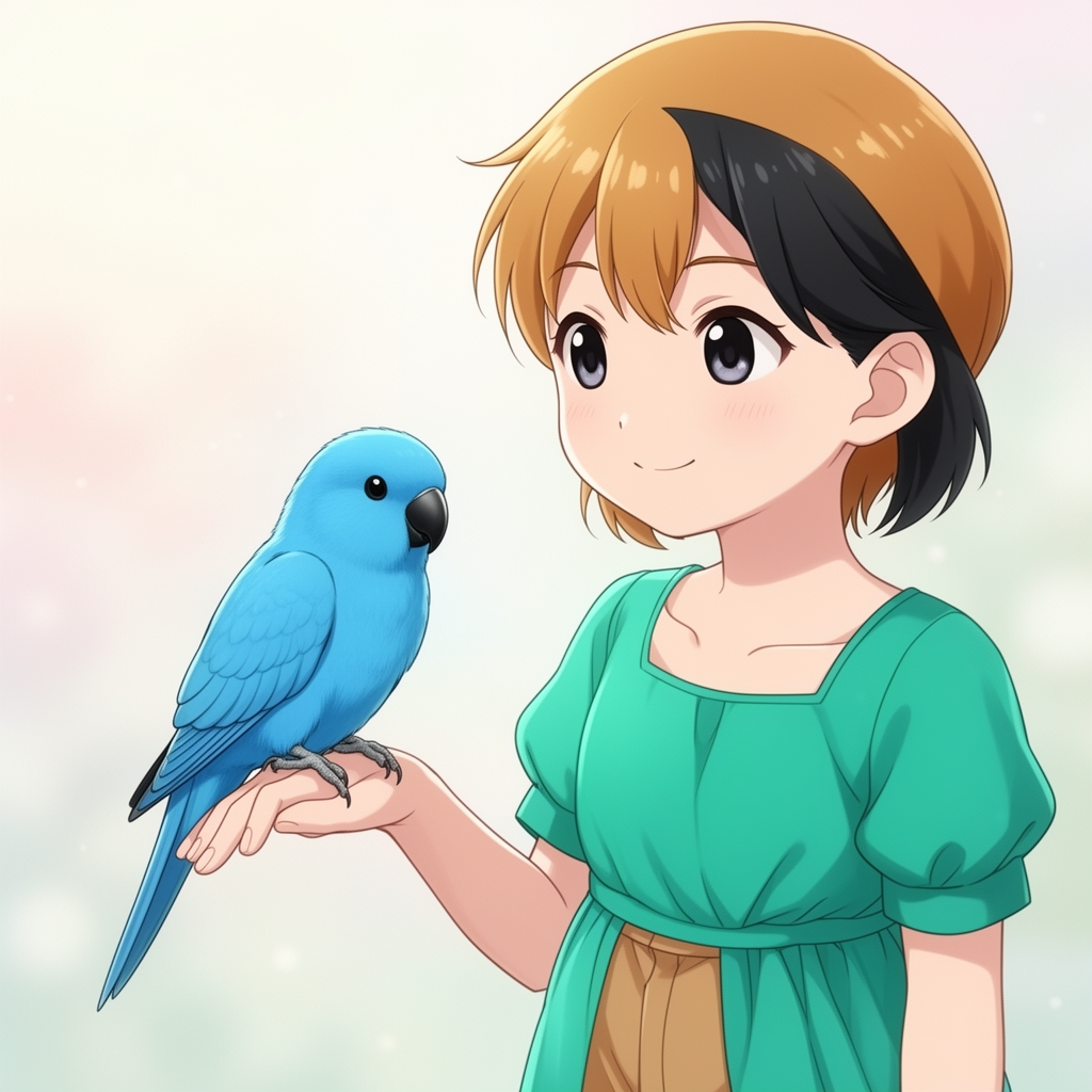 یک مرغ عشق لاجوردی رنگ با چشمان مشکی که روی دست دخترکی 11 ساله نشسته دخترک لباس سبز ابی پررنگ پوشیده با شلوار قهوه‌ای خوش رنگ و کم رنگ با موهای قارچی خرمایی و سیاه 18