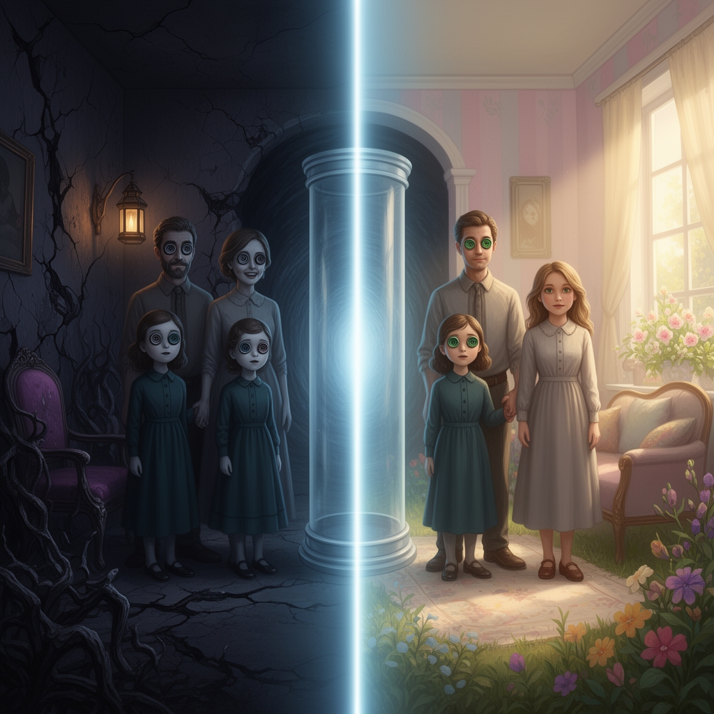 دو تصویر که در سمت چپ یک دنیای ترسناک که یک دختر چشم دکمه ای با خانواده چشم دکمه ای که اسم دختر کورالین باشه و در سمت راست همین دختر ولی با چشمان واقعی درکنار همین خانواده ولی با چشمان واقعی در وسط این دو تصویر یک تونل هست که به هم راه داره0