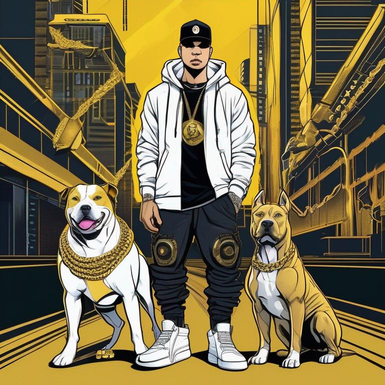 مردی با لباس هودی و شلوار سیاه و کلاه بر روی سر و چند زنجیر طلا و کفش طلایی و ایستاده کنار سگ پیت بول و پس زمینه و سبک سایبرپانک با جزئیات زیاد19