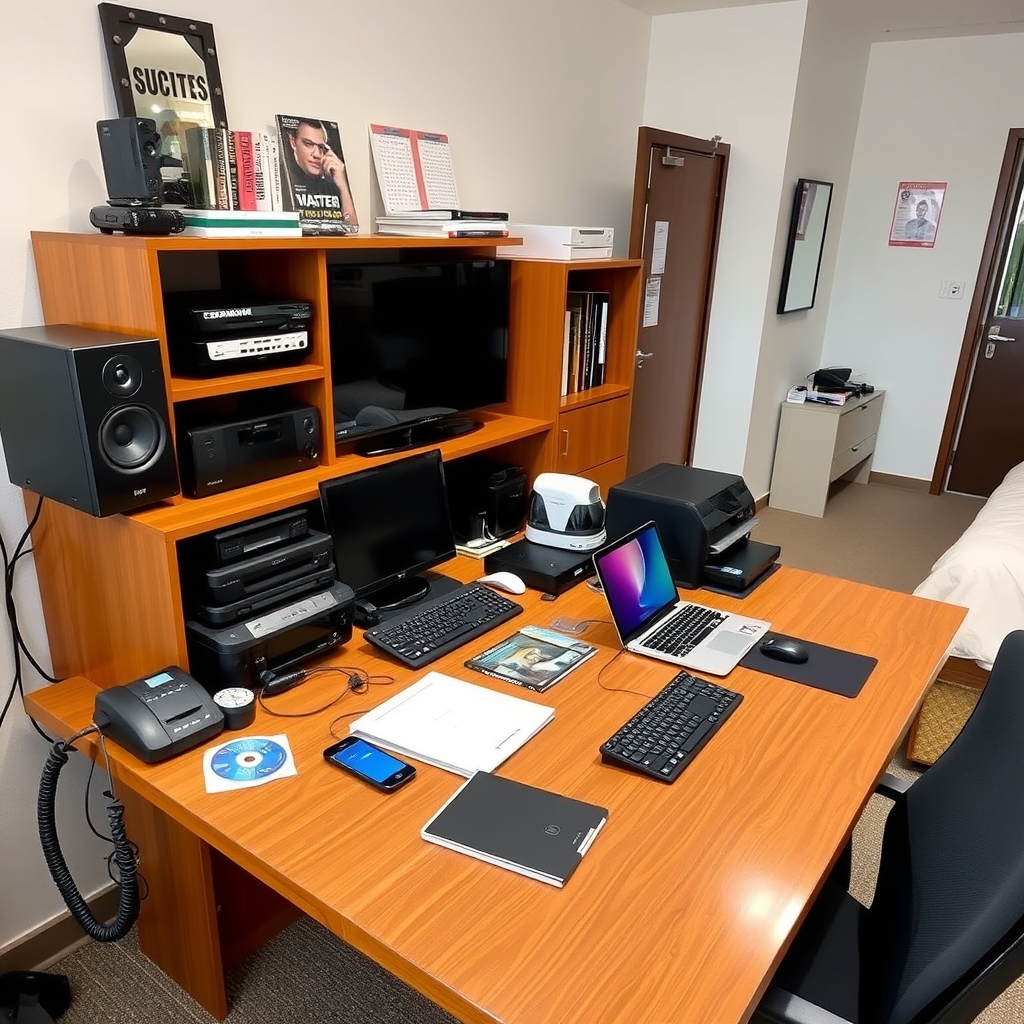 یک اتاق با میز و صندلی و موارد موجود🎧☎️📱🔌💻🖥️🖨️⌨️🖱️🖲️💽💾💿📀🎥📷📺📹📚🗓️🪟🪞🛏️🛋️🚪🪪20