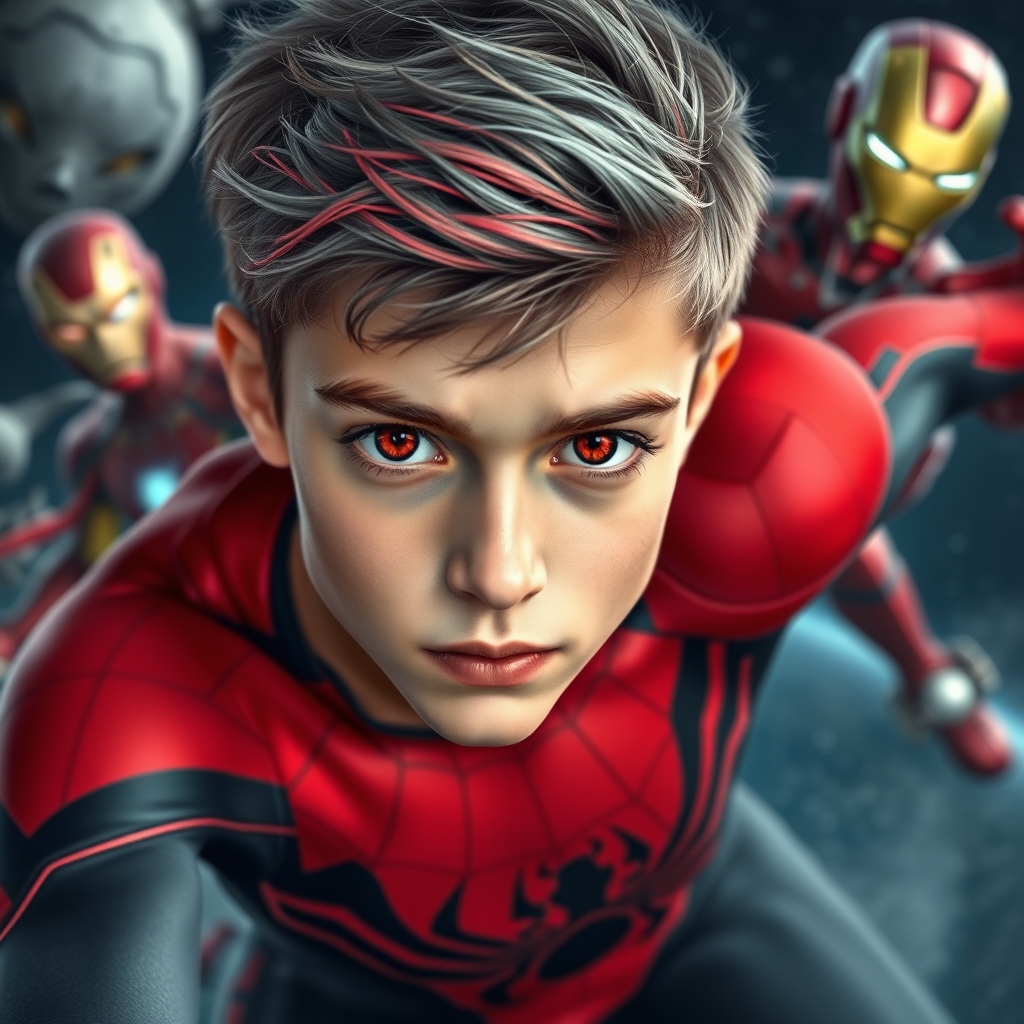 پسری 16 ساله با زیبا چشمانی قرمز موهای توسی با رده قرمز اندامی ورزشی با ابرو های نازک پوستی سفید رو در حالت مرد عنکبوتی و مرد آهنی در فضا با انتقام جویان نشان بده که با فضایی ها در حال مبارزه هستی22