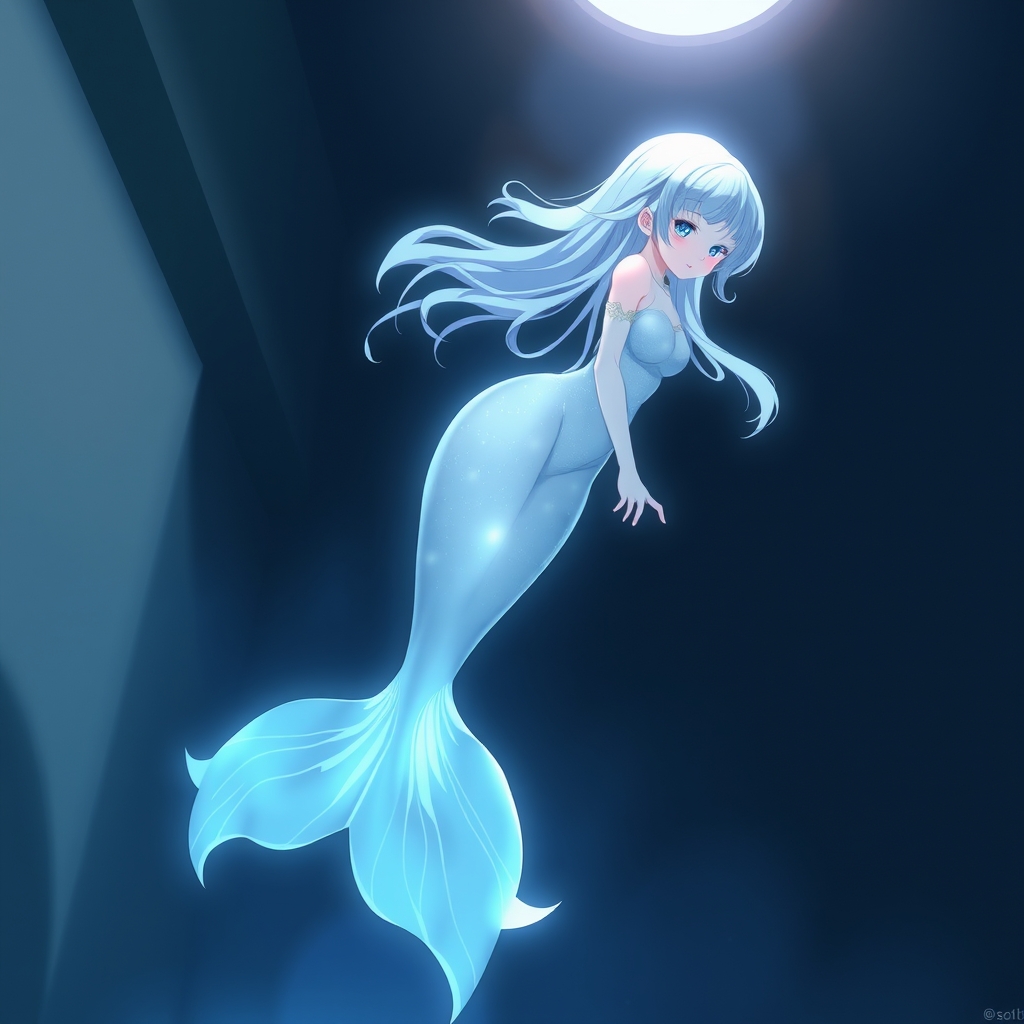 یک عروس دریایی شفاف شناور در هوا، که به نرمی در یک اتاق تاریک می‌درخشد.3