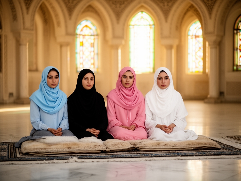 ۴ دختر با حجاب ایرانی که در مسجد و در اعتکاف هستند یکی روسری اش آبی کمرنگ دیگری مشکی دختر سوم صورتی و دختر چهارم سفید دارد3