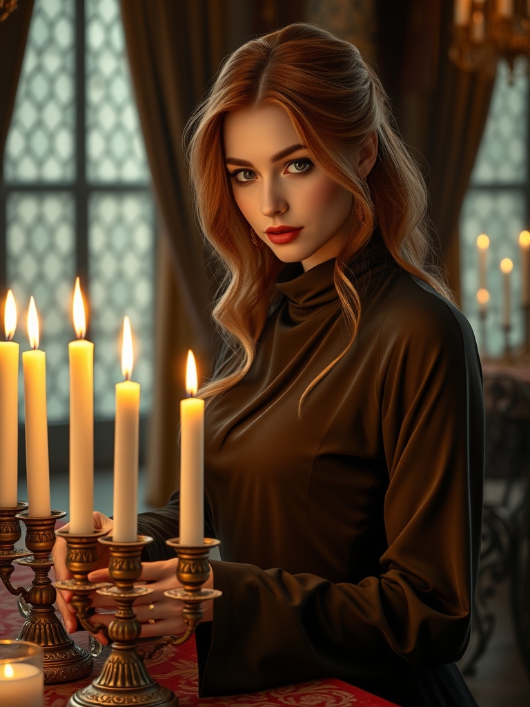 زن  زیبارو با موهای خرمایی روشن 
در حال روشن کردن شمع های یک میز لاکچری
3