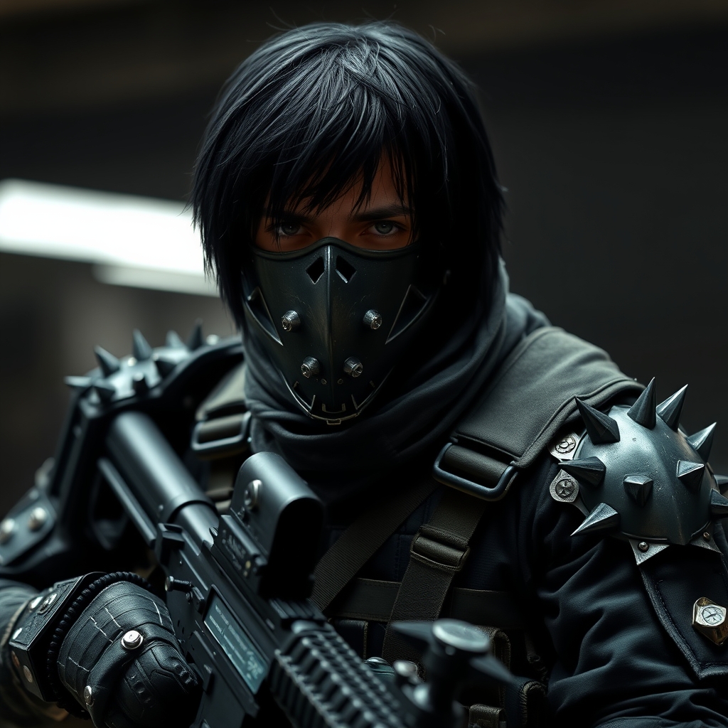 یک سرباز آمریکایی با لباس ارتشی سیاه که قسمتی از لباس هایش زره آهنی دارد و روی یکی از بازو هایش زره تیغ تیغی وجود دارد و یک ماسک آهنی دهان و بینی اش را پوشانده است و موهایش سیاه است و یک snip در دست دارد 12