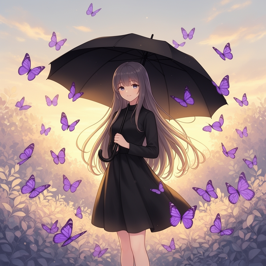 تصویر دختر انیمه زیبا با موهای بلند و پروانه های بنفش و لباس و چتر مشکی2