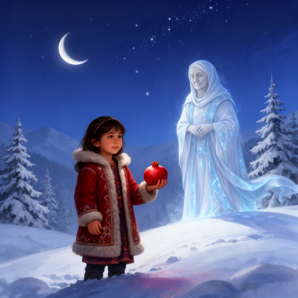  شب یلدا   یک دختر تو دستش انار  پشتش یک جای برفی شمال و امو نوروز ننه سرما پشتش
1