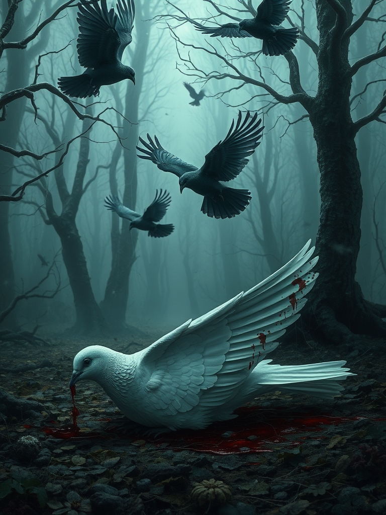 کبوتر زخمی که روی زمین افتاده بالش خونی شده و کلاغ ها دور آن هستند در جنگلی تاریک و مه آلود درخت های خشکیده و تار های ریز انکبود روی شاخه ها است
0