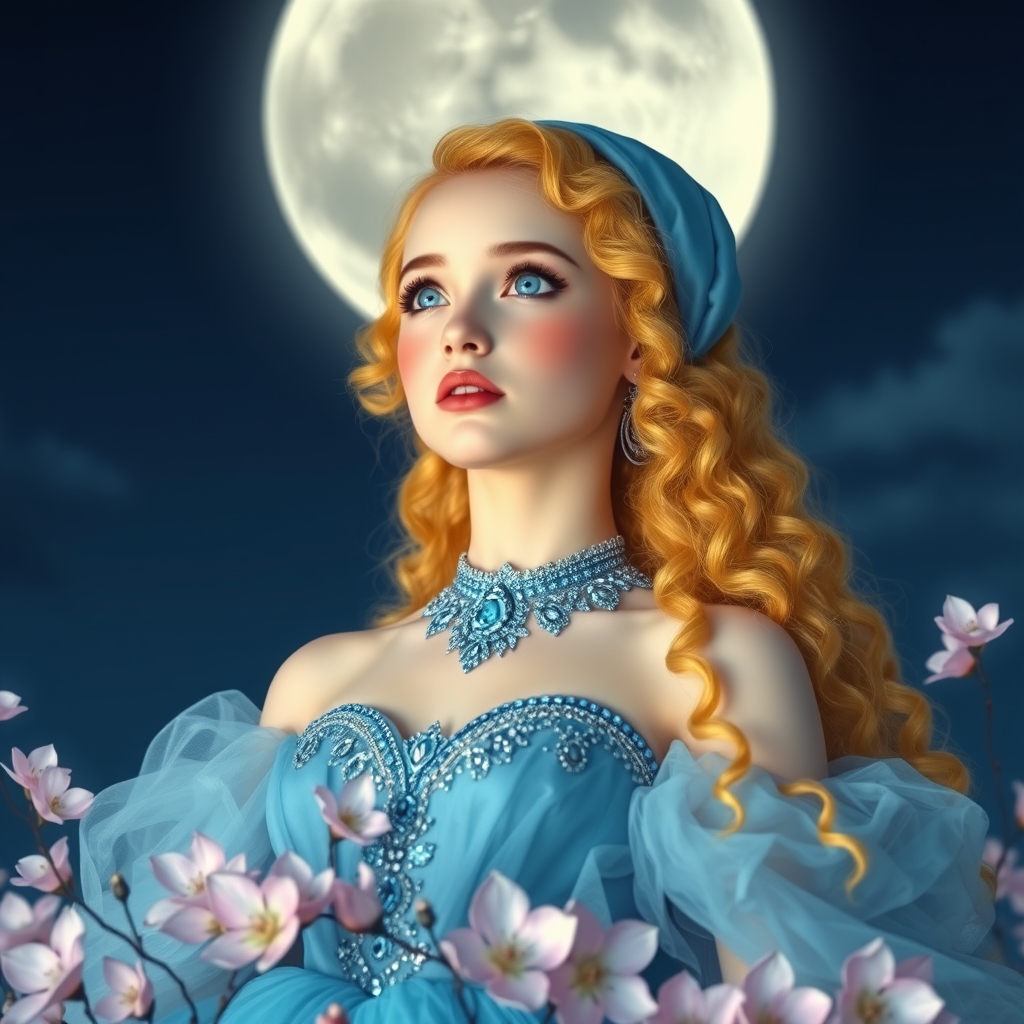 🌟زنی جوان زیبا ترین بانوی جهان همینطور در هوش مصنوعی رویایی با موهای بلند حالت دار زرد براق وچشم های که مردمک دریا باشد که زلالی اب در چشم مش نهفته باشد و با پوستی سفید همرنگ برف اینقدر سفید که یک زودی یا کمی پاینتر از سفید یا در صورتش نیست مثل برف صورتش از شدت سفید یا میدرخشد با گونه قرمز لبی سرخ با لباس پفی خیلی زیبا پرنسسی ابی جواهر دوری شده به علاقه تور های جواهر دوری شده زیبا که در دور لباس هستن زیبا با گردنبند ابی زیبا که خیلی دختر را زیبا میکنند و پر از برگ شکوفه صورتی ابی پر هست با باد پخش شده پخته سر ماه سفید بزرگ و اون با اسمون نگاه میکنه18