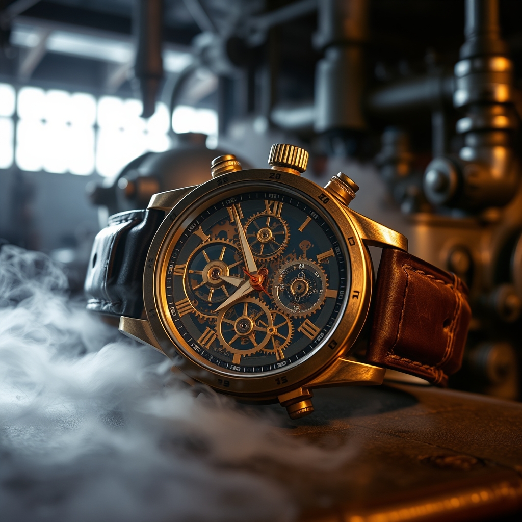 یک ساعت استیم‌پانک با چرخ‌دنده‌های نمایان، در پس‌زمینه‌ای مکانیکی و دودی.4