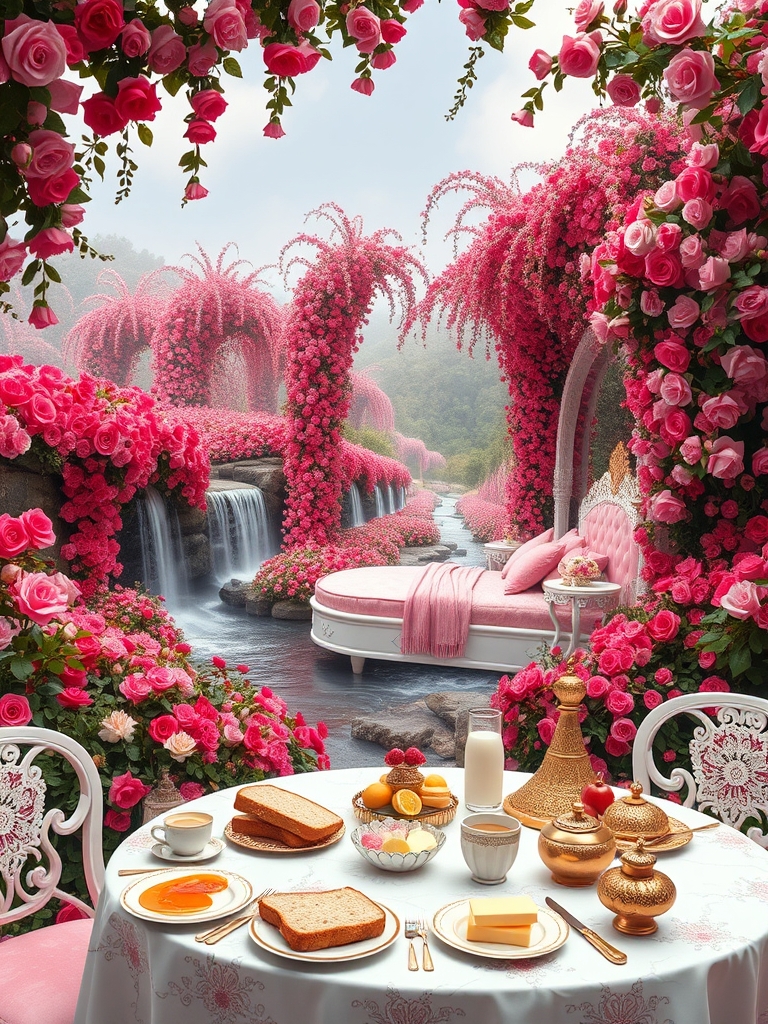 باغ گل رز سرخ و صورتی در و دیوار زمین همه جا سرتاپای باغ با رز سرخ و صورتی پوشیده شده 
آبشاران جاری اند
رودها به هم می ریزند
یک طاق گل صورتی 
یک تخت خواب سفید طلایی سلطنتی با کوسن صورتی 
یک میز سفید و طلایی مجلل صبحانه 
پر نان کره خامه عسل مربا شیر میوه 0