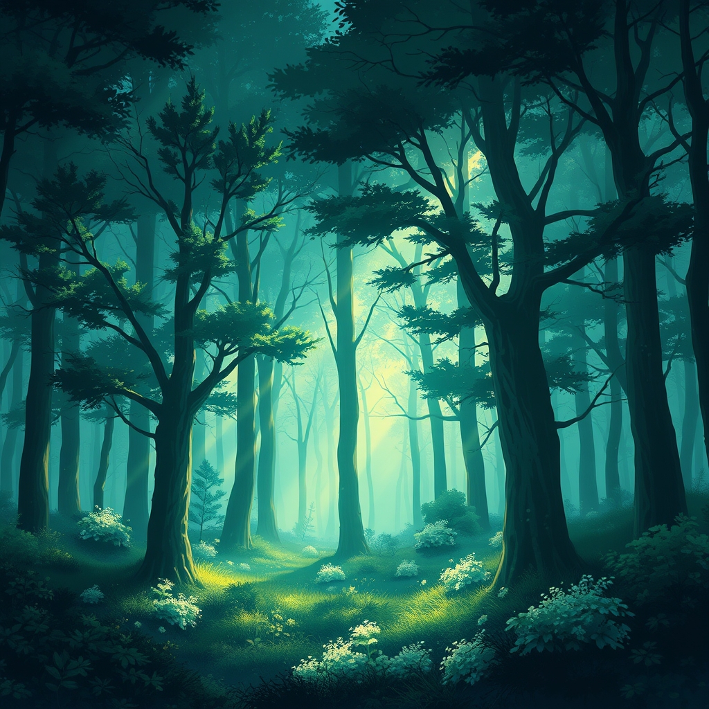 یک جنگل اسرارآمیز با درختانی از جنس نور، که با سایههای سبز و آبی به نرمی میدرخشند
22