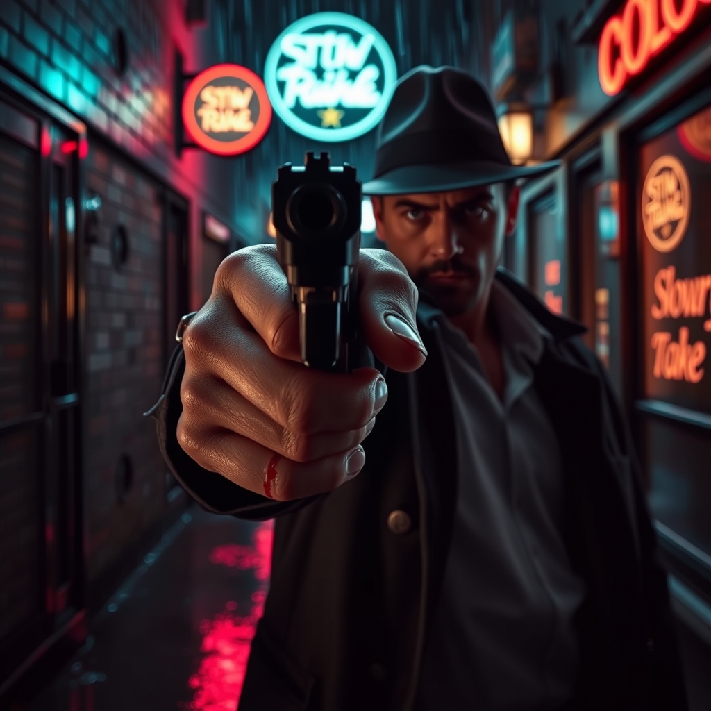 عکس کاراگاهی که تفنگش روبه تصویر است و کارآگاه خونی است.16