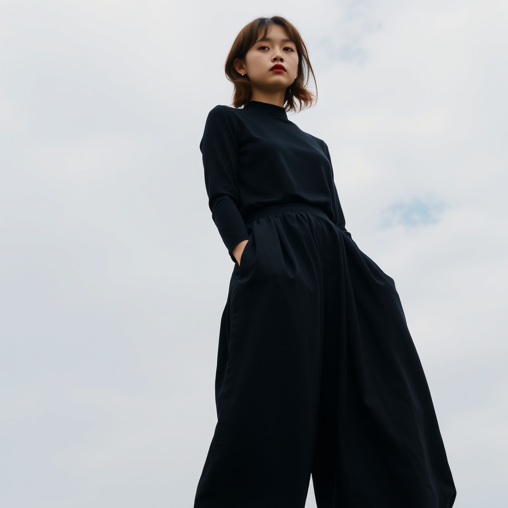 دختری بالباس مشکی  بلند پفدارلب های مشکی گونه های سرخ موهای قهوه ای در آسمان3