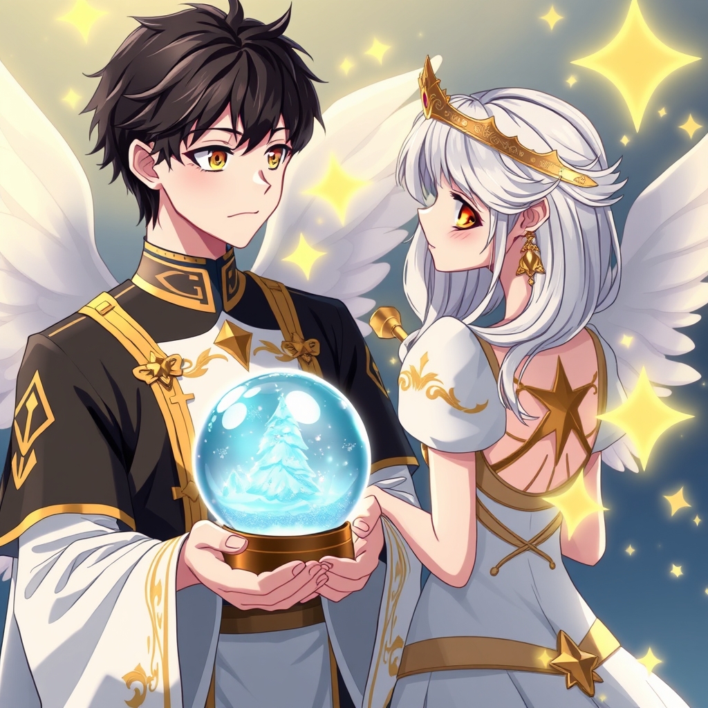 مرد جوان  با مو های مشکی ، پوست سفید ،  چشم های زرد کریستالی ، که یه لباس سلطنتی مشکی و طلایی پوشیده
ود دستانش گوی برفی باشه پشت سرشم ستاره قشنگ شبیه فرشته‌ها باشه که محو تماشای  یه پرنسس 19 ساله با مو های نقره ای ، پوست سفید ، گونه های صورتی و چشم های طلایی کریستالی ، که یه پیراهن رومی سفید و طلایی پوشیده گوشواره و تاج رومی طلایی هم داره و عصای پرنسسی دستشه 
و با دو بال باشه پشت سرشم ستاره قشنگ شبیه فرشته‌ها باشه17