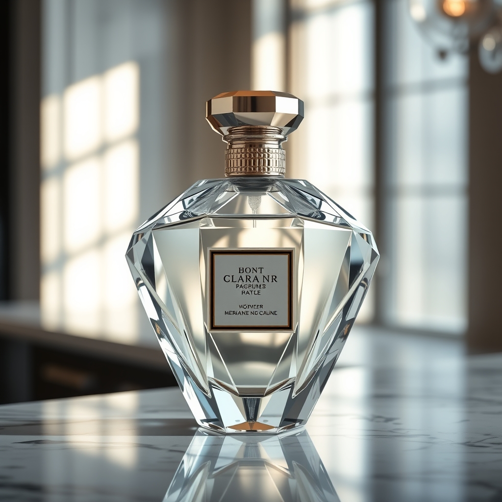 یک شیشه عطر لوکس به شکل الماس، قرارگرفته روی یک پیشخوان مرمر.7