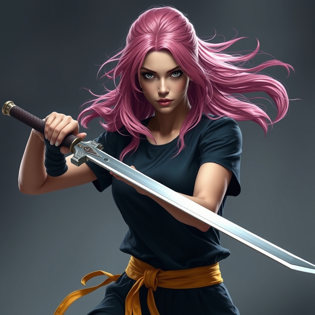 یک دختر جنگجو با شمشیری بلند در دستش و با موهایی صورتی و بلند که آستین کوتاه پوشیده است به رنگ مشکی و با دامنی زرد کوتاه5