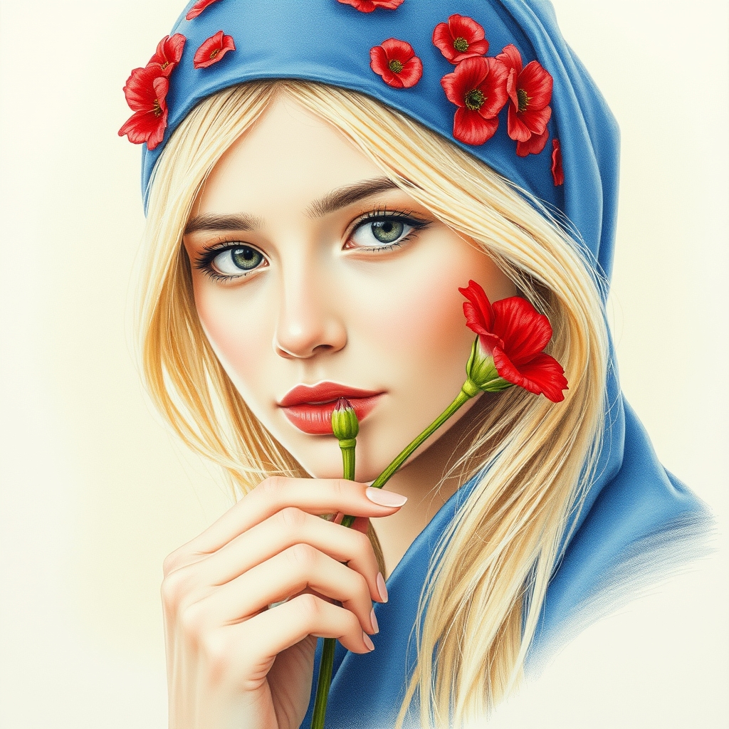 The image is a hand-drawn portrait of a person with blonde hair wearing a blue headscarf with red flowers. The person is holding a red flower with green leaves near their face.1