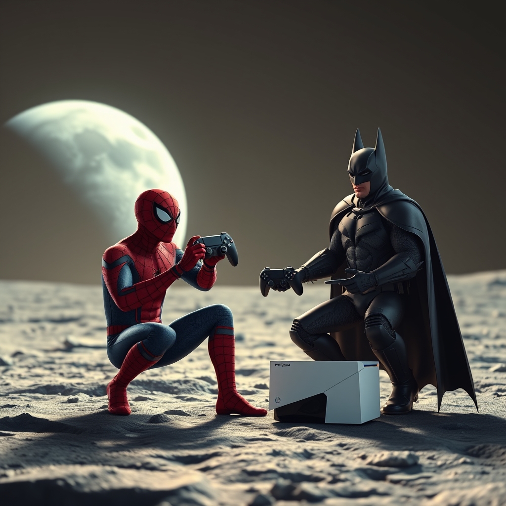 عکس اسپایدر من و بتمن که روی ماه دارن PS5 بازی میکنن17