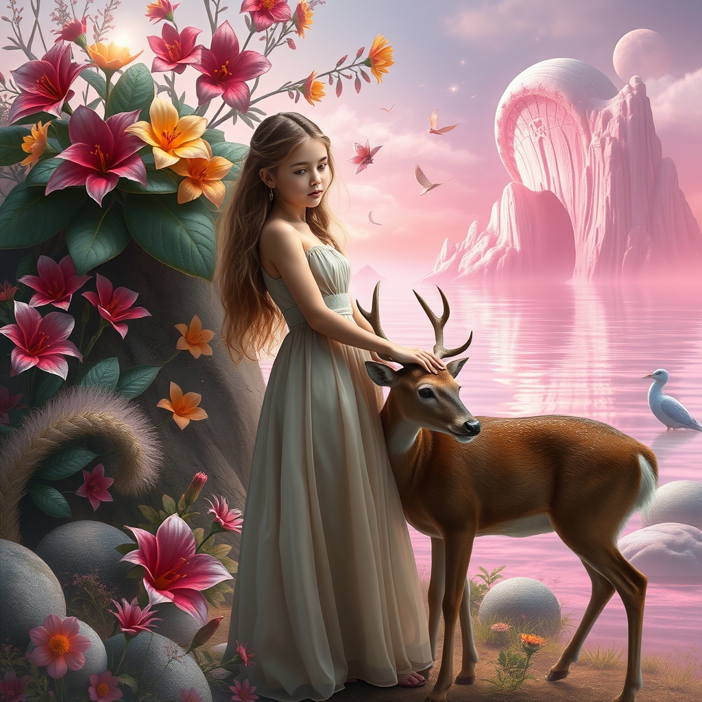 دختری زیبا  در کنار گل های زیبا و در کنار دریا افسانه صورتی که  آهو را ناز می کند 12