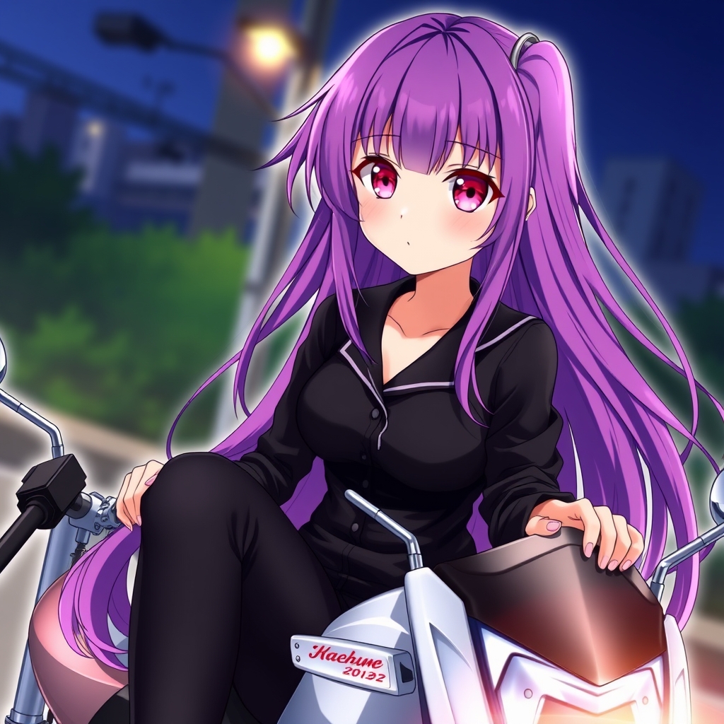 دختر ۱۸ساله با موهای بلند بنفش و چشم صورتی بالباس مشکی در روی موتور سیکلت 12