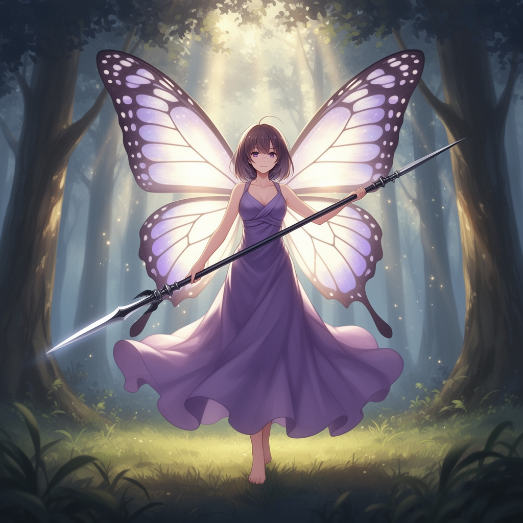 تصویر انیمه دختر زیبا با لباس بنفش نیزه و بالهای پروانه
5
