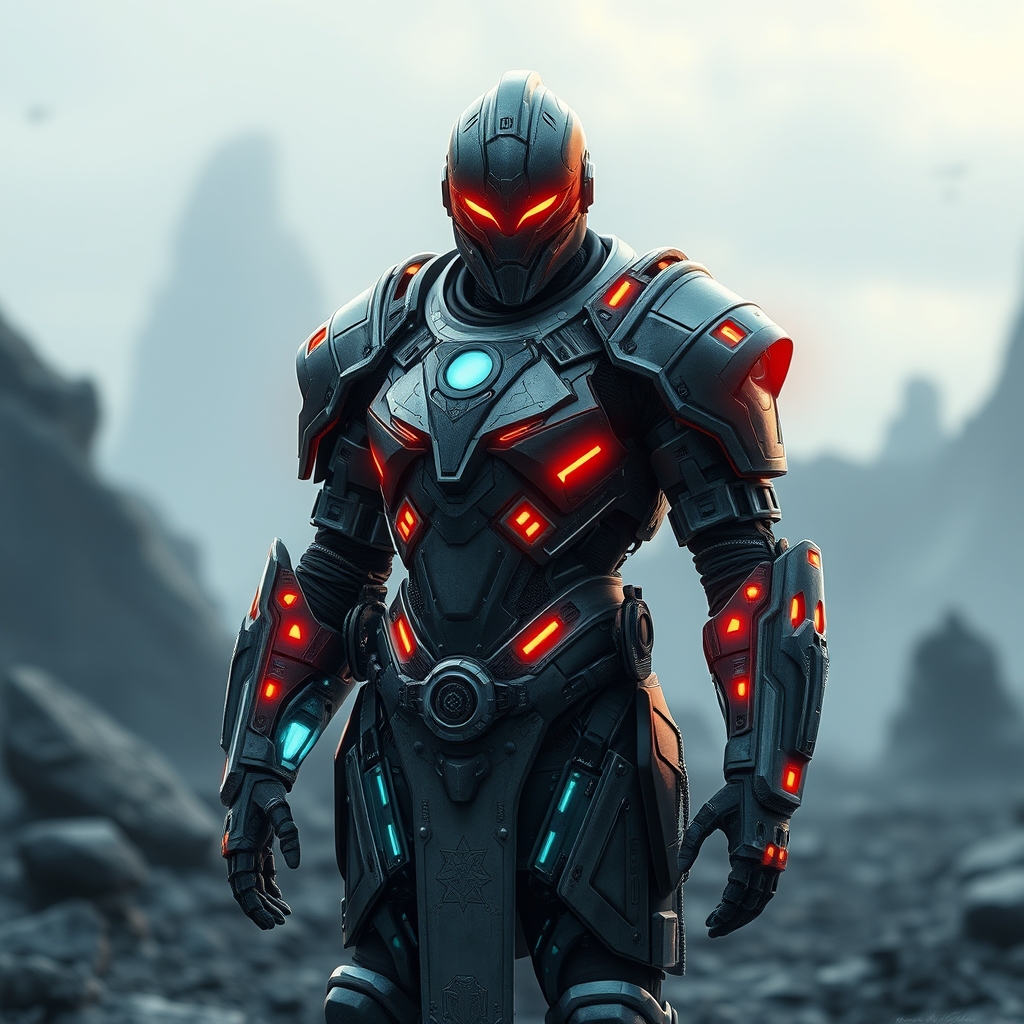 یک شوالیه آینده‌نگر با زره اسکلت خارجی درخشان، ایستاده در دنیایی پسا‌آخرالزمانی.11