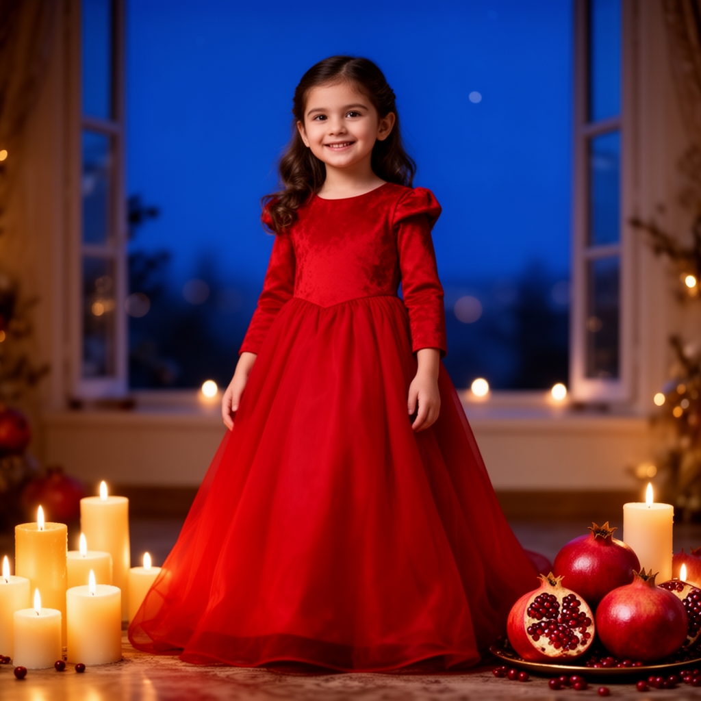 عکس دختر بچه با تم یلدایی و لباس قرمز بلند پرنسسی
0