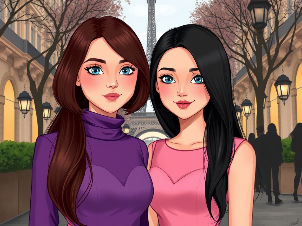 سونیا،دختری زیبا،با،دوستش نازنین زهرا در پاریس موهای سونیا کوتاه و مدل باب است و رنگ قهوه ای اما موهای نازنین زهرا بلندو،مشکی است سونیا با،لباس،مجلسی صورتی و نازنین زهرا بالباس مجلسی بنفش .چشمان سونیا آبی و چشمان نازنین زهرا خاکستری است 19