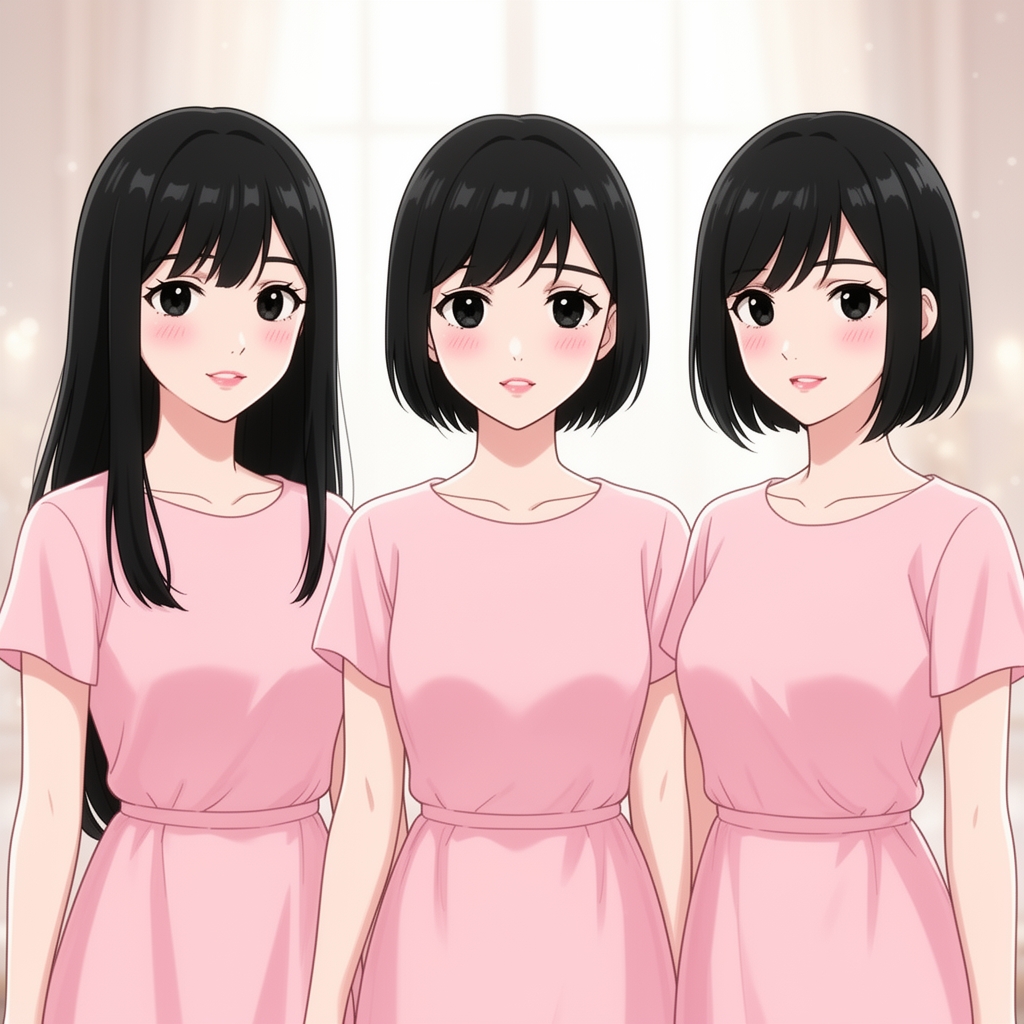 سه دختر با لباس صورتی به اسم بهار ⭐🩰که موهای بلند مشکی لب صورتی کمرنگ گونه های صورتی وچشمان مشکی دوم دختر به اسم آدرینا که موهای کوتاه مشکی چشم مشکی گونه های صورتی و سوم دختری به اسم سارینا با موهای کوتاه مشکی چشم مشکی گونه های صورتی این دختر ها بزرگ هم هستند 0