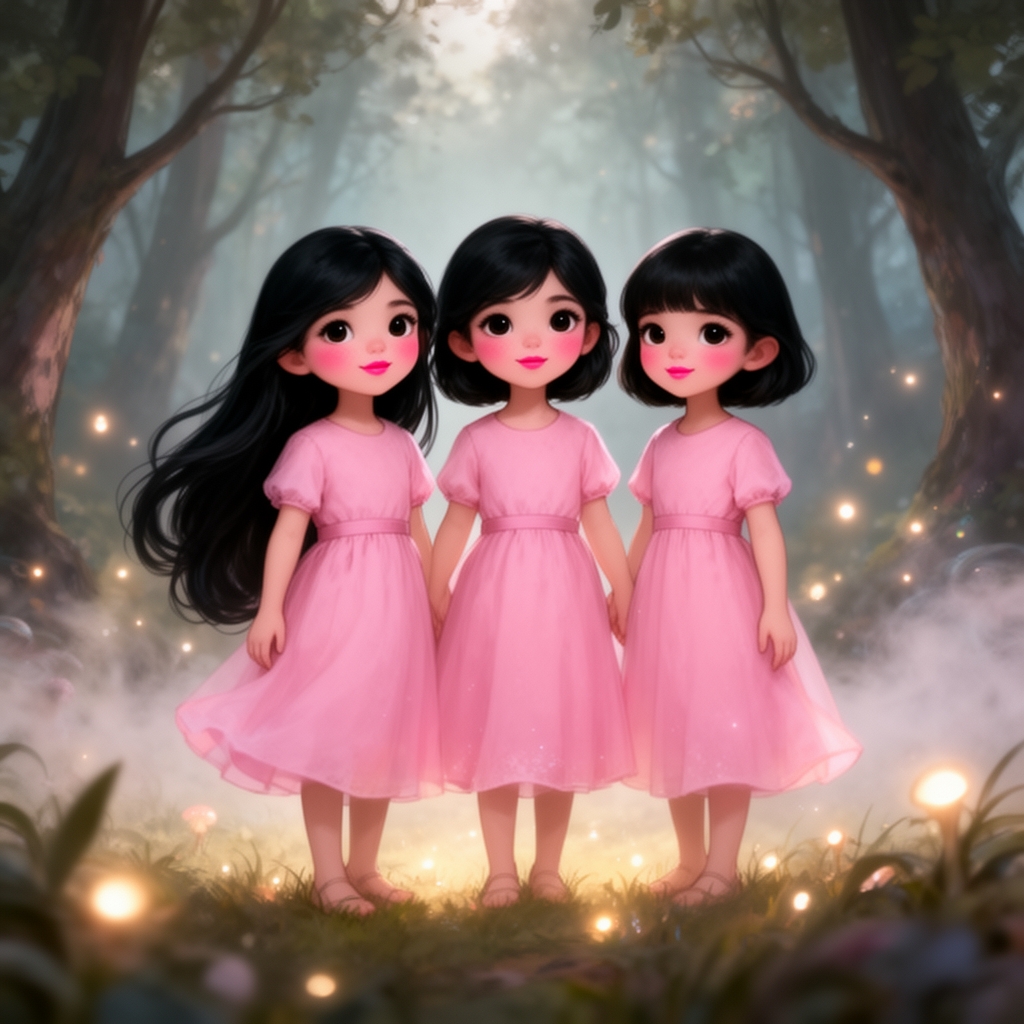 سه دختر با لباس صورتی به اسم بهار ⭐🩰که موهای بلند مشکی لب صورتی گونه های صورتی وچشمان مشکی دوم دختر به اسم آدرینا که موهای کوتاه مشکی چشم مشکی گونه های صورتی و سوم دختری به اسم سارینا با موهای کوتاه مشکی چشم مشکی گونه های صورتی این دختر ها بزرگ هم هستند مثل ۹ سال 0