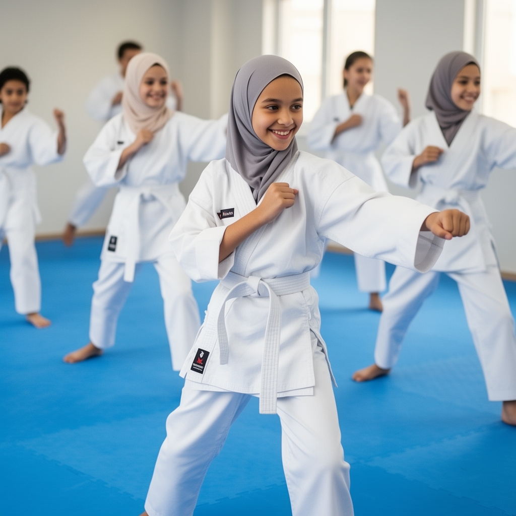 چند دختر نوجوان محجبه زیبای خوشحال با لباس کاراته در سالن ورزشی کاراته روی تاتامی آبی رنگ از نمای نزدیک0
