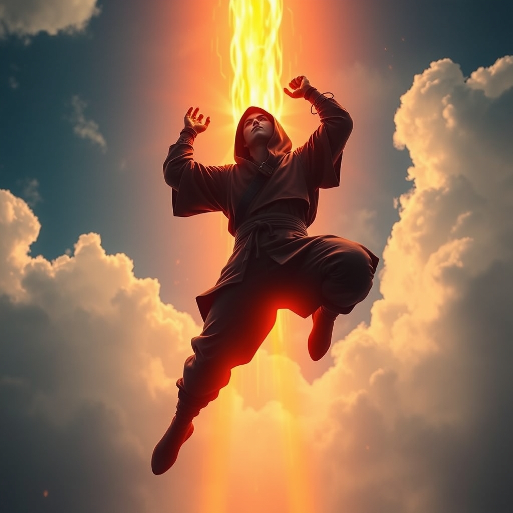 نینجا شناور در آسمان در حال دریافت یک قدرت با نور نارنجی رنگ که از آسمان به زمین می‌پاشد و از بدن نینجا رد می‌شود از نمای نزدیک18