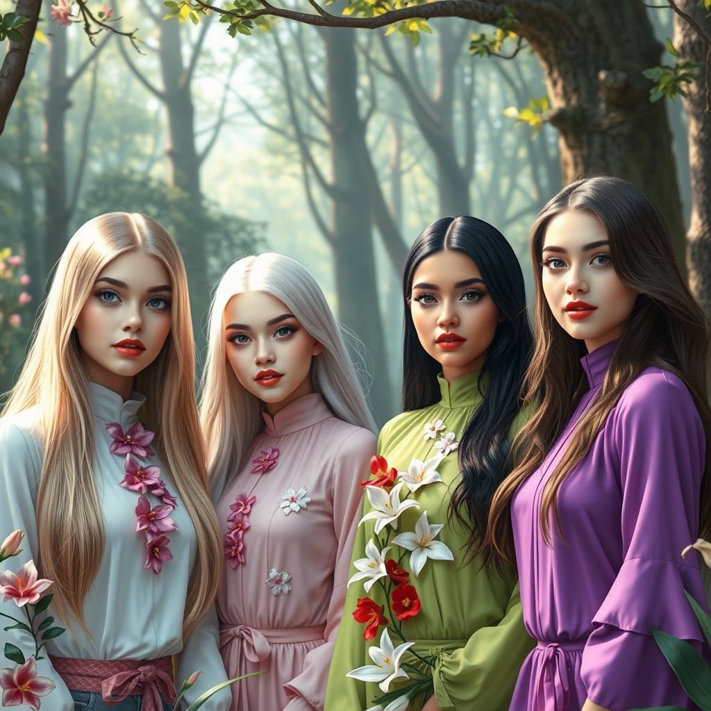 چهار الهه ی زن جوان که یکی با موهای بلند و طلایی و صاف و براق و بلوزی سفید با گل های صورتی داشته باشد و با لبانی سرخ و پوستی سفید باشد و با چشمانی آبی باشد و دیگری با موهای بلند و نقره ای و صاف و براق باشد و بلوزی صورتی با گل های سفید داشته باشد و با لبانی سرخ و پوستی سفید باشد و با چشمانی سبز باشد و دیگری با موهای بلند و مشکی و حالت دار و براق و صاف باشد و بلوزی لیمویی با گل های قرمز آلبالویی داشته باشد و با لبانی سرخ و پوستی سفید باشد و با چشمانی صورتی باشد و دیگری با موهای بلند و خرمایی و صاف و حالت دار باشد و بلوزی ارغوانی با گل های سوسنی داشته  باشد و با لبانی سرخ و پوستی سفید باشد و  با چشمانی بنفش باشه که همه ی آنها در زیباترین جنگل در جهان باشند ببینیم رویایی چیکار میکنه2