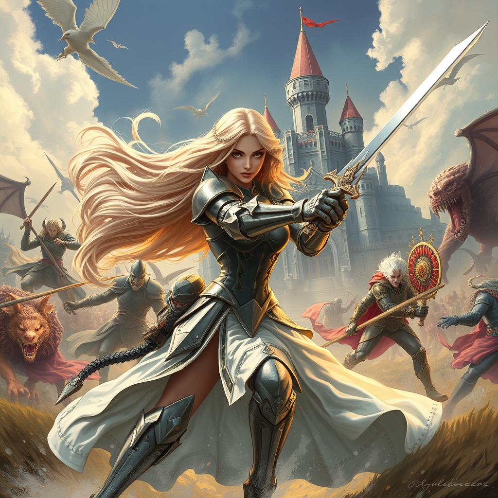 یک شاهدخت زیبا که موهایش باز زیبا است دارد با دشمنانش می جنگد تابه قلعه برسد و شاهزاده ای که دوستش داره رو نجات بده6