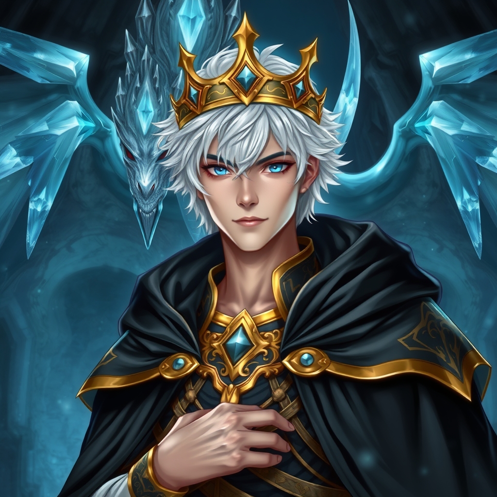 زیباترین مرد جوان در جهان حتی در رویایی که شکوه خدا را داشته باشد که نظیر آن در دنیا نباشد که از شدت زیبایی همه بهش سجده کنند که با چشمانی آبی رنگ که در مردمکش دریا باشد و با پوستی سفید همانند ماه باشد که با موهای طلایی رنگ نچندان بلند با زیبا ترین شنل  سلطنتی  مشکی با طلایی اکلیری رویایی برتن داشته باشد و تاجی از طلا بر سر داشته باشد و باد بزن زیبایی در دستانش باشد 
 که پشت سرش اژدهای کریستالی بزرگ باشد ببینم رویایی چیکار می‌کنه تاکید کردم نظیر آن در دنیا نباشد5