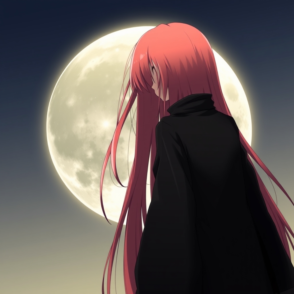 یه دختری ک پشت ب ماه هستش
دختره موهای قرمز بلنده و یه لباس مشکی زیبا پوشیده


3