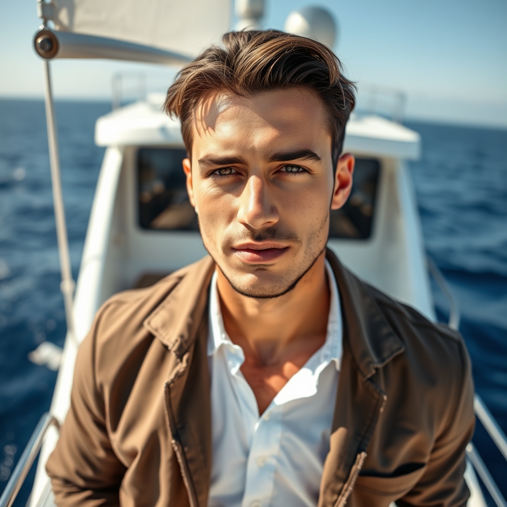 زیبا ترین مرد ترکیه ای که بسیار جذاب و زیبا است و او موهای قهوه ای و چشمان قهوه ای زیبا و لب های برجسته ای دارد و در کشتی تفریحی که در دریا هست سوار شده و لباس های بسیار زیبایی بر تن دارد و بسیار رشید است12