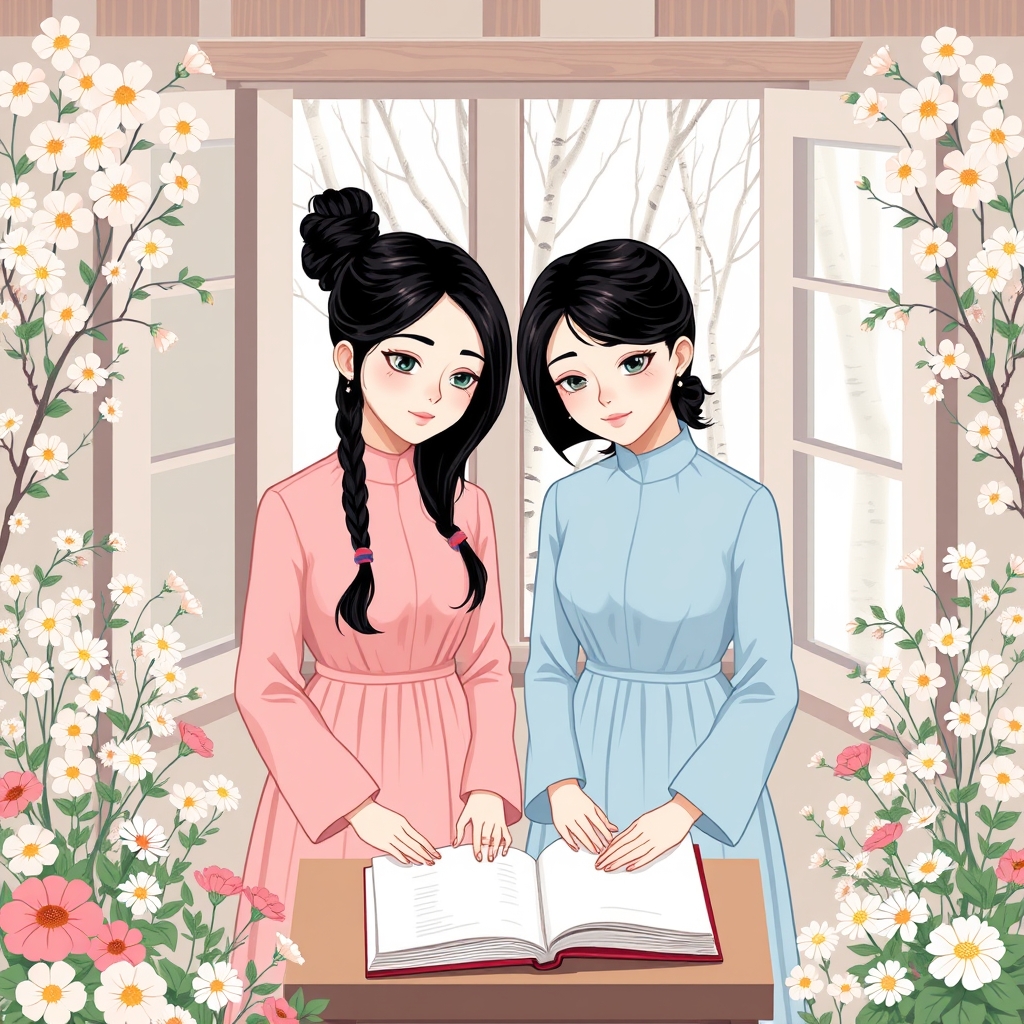 دوقلو خواهر که هر دو خیلی شبیه هم و زیبا هستند یکی مو های لخت مشکی بافته داره و دیگری مو های لخت مشکی که روی شانه ریخته و باز است با لباس های شبیه هم که یکی صورتی روشن و دیگری آبی روشن است در اتاقی پر از گل های زیبا پنجره بزری باز است و شاخه های درختان بید و... پیداست. کنار آنان میزی به همراه دفتر و کتاب هست که می خواهند شعر بنویسند و باهم بخوانند2