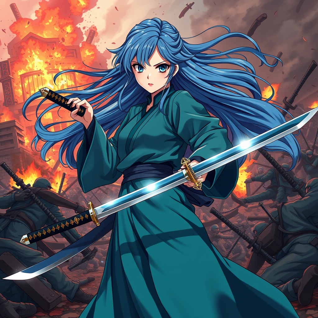 یک دختر که درمیدان جنگ است و یک شمشیر نقره ای در دست ان است و دارد بقیه را میکشد با مو های آبی 
و لب های سرخ 6