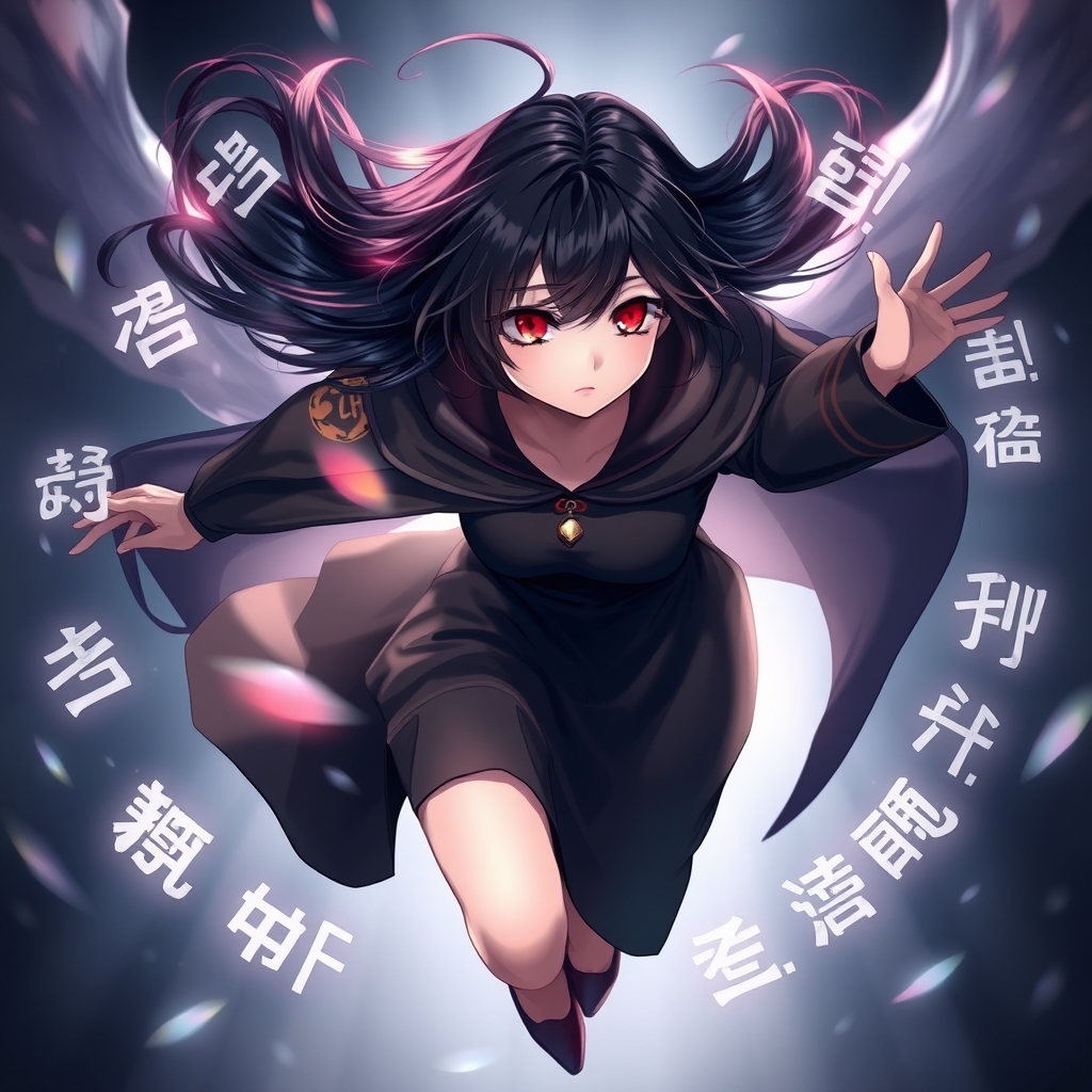 دختری بالباس مشکی و شنل مشکی با چشم های قرمز با موی مشکی درحال پرواز و کلماتی کره ای دور آن .
9