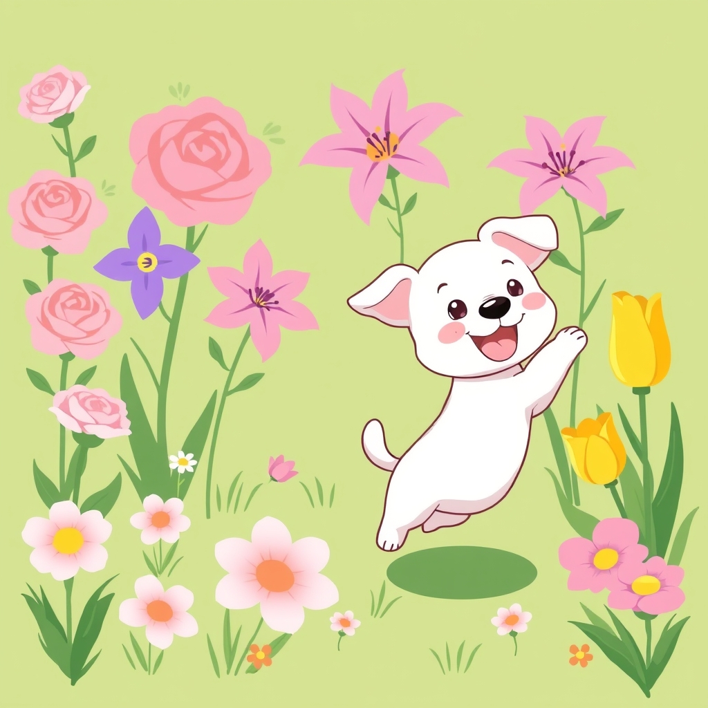 عکس انیمه ای پس زمینه سبز آدامسی باشه با چمن و گل صورتی و گل بنفش و گل سرمه ای و یه سگ سفید پا کوتاه بامزه در حال پریدن2