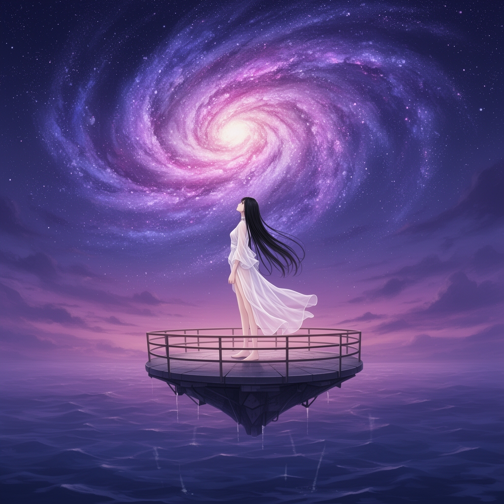   پرتگاهی است  که زیرش دریا هست و آسمانش  کهکشان راه شیری دار و به رنگ های بنفش و صورتی پرنگ و نیلی هست و دختری با لبای های سفید توری و حریر و با موهای باز  مشکی ایستاده  و درحال تماشای آسمان1
