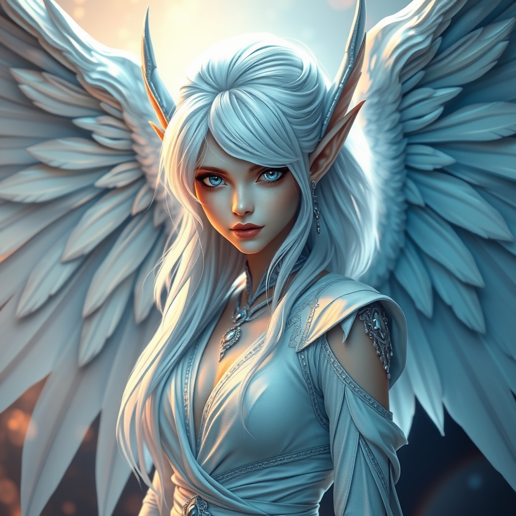 اِلف با چشمای نقره ای و موهای سفید بال هایی بلند و بزرگ و زیبای و درخشنده با لباسی زیبا و سفید 19