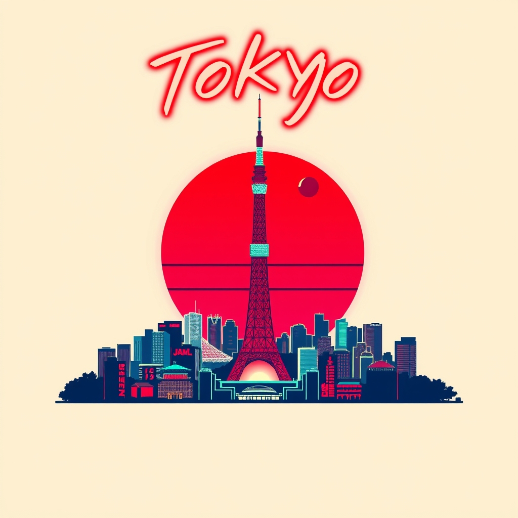 پس زمینه ای کرمی که شهری کوچک در میان آن پس زمینه است و برج توکیو وسطش است و خورشید سرخ پشتش است و به انگلیشی بالایش نوشته توکیو 2